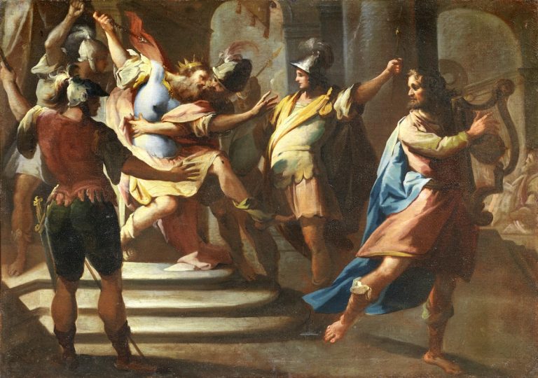 Biblical episode scene (Saul attempts to strike David with a spear ...